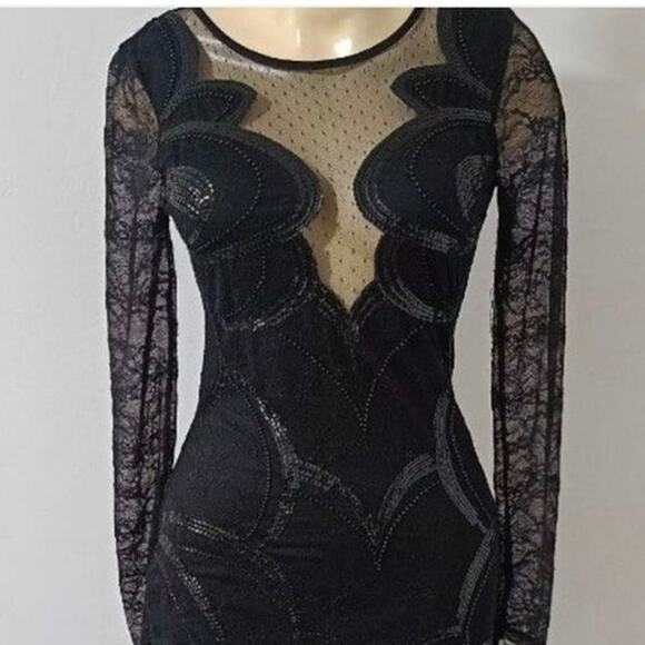 Express sexy black sequin sheer lace long sleeve dress sz2 backless dress NWOT - Picture 3 of 12
